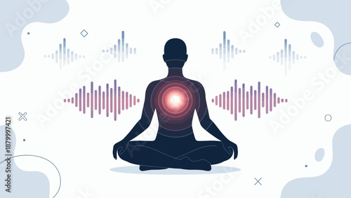 Silhouette of person meditating with sound waves emanating from chest 1.