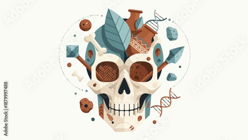 Skull filled with scientific elements and crystals.