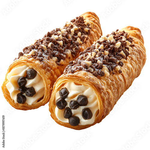 Two delicious cannoli pastries with chocolate chips