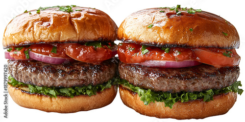 Two delicious burgers displayed closeup