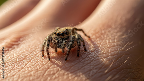 Close-up of a small jumping spider on human skin