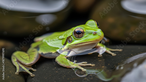 Green frog sitting on a lily pad in natural light