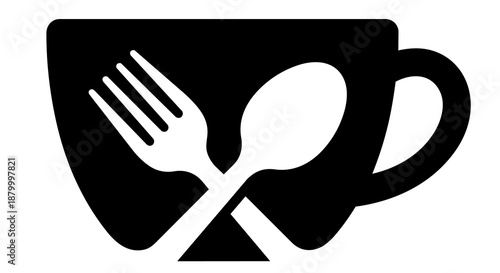 Restaurant and cafe icon. Vector illustration of a coffee cup silhouette with crossed fork and spoon inside. Food and drink logo symbol.