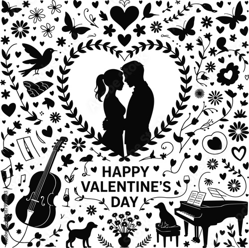 Romantic Valentine silhouette couple kissing, heart frame illustration, love symbols, flowers, butterflies, music instruments, piano, violin, decorative design, happy valentines day artwork