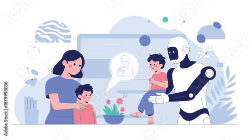 Family bonding with a friendly robot, showcasing technology's integration into everyday life and nurturing relationships