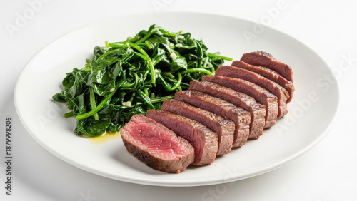 Roasted beef slices with sautÃ©ed greens on white plate
