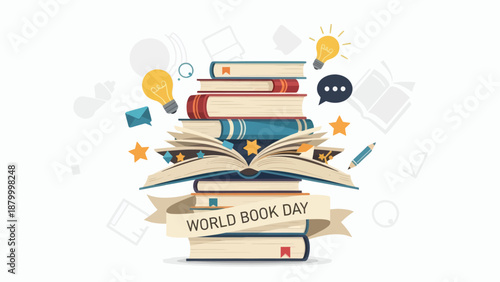 World Book Day Celebration Stack of Books Illustration.