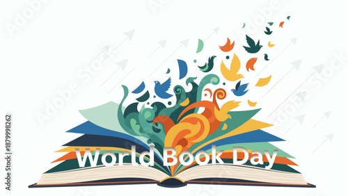 World Book Day Celebration with Colorful Illustrations Emerging from Open Book.