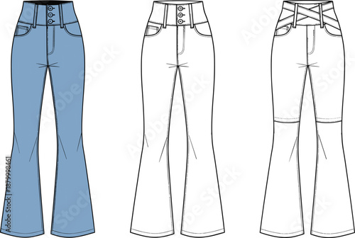 Fashion illustration of women’s high-waisted pants with button closure, crisscross waistband, flared leg and technical sketch variations