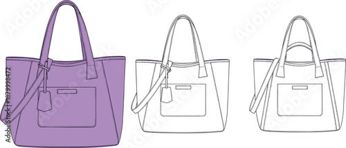 Handbag design illustration with purple tote and technical line drawings, featuring front pocket, shoulder strap, and dual handles