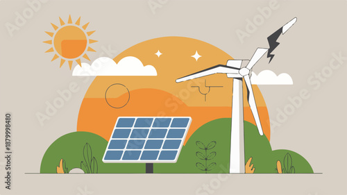 Vibrant Digital Illustration of a Clean Energy Landscape Featuring Solar Panels and a Wind Turbine Efficiently Harnessing Sustainable Power for a Brighter, Greener Future
