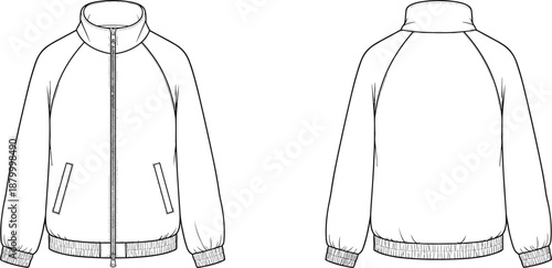 Front and back technical flat sketch of long-sleeve button-up cardigan with collar, ribbed cuffs and hem for fashion design