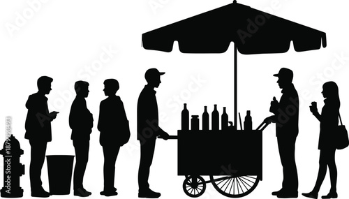 Street food vendor cart silhouette, people waiting in line, urban lifestyle scene, outdoor snack stall, city culture concept, minimal black white illustration