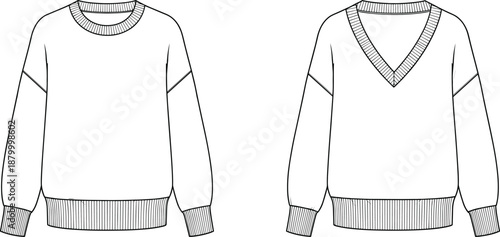 Technical fashion sketch of crew neck and V-neck sweaters with ribbed cuffs, hem, neckline, and relaxed long sleeves