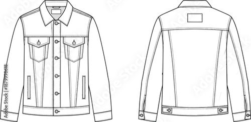 Technical fashion sketch of classic denim jacket with chest flap pockets, button closure, and seam details in front and back views.