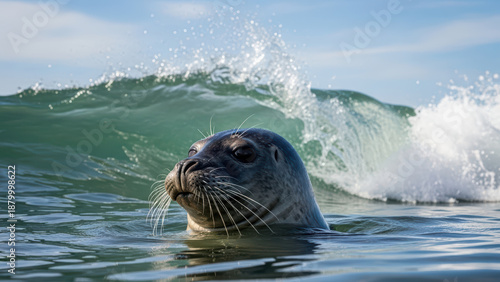 Seal swimming in ocean waves near the shore