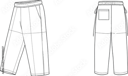 Technical fashion sketch of cropped pants with elastic waistband, front and back views for apparel design and garment construction