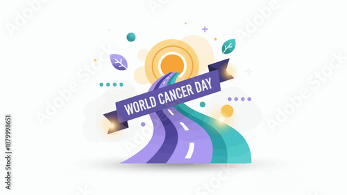 World Cancer Day ribbon and colorful road illustration.