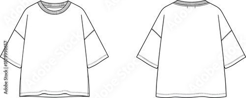 Technical fashion sketch of dropped shoulder short-sleeve T-shirt with crew neckline, curved hem, and seam details in front and back views.
