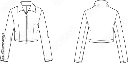 Technical fashion sketch of cropped jacket with pointed collar, zipper front, long sleeves, and tailored seam details.