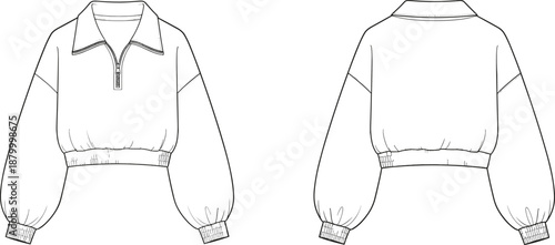 Technical fashion sketch of cropped pullover top with half-zip collar, balloon sleeves, ribbed cuffs, and waistband design