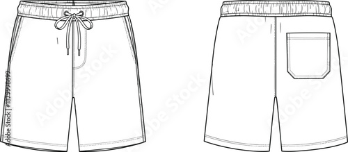 Technical fashion sketch of elastic waistband shorts with drawstring, side pockets, patch pocket, front and back views.