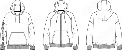 Technical fashion sketch of hooded sweatshirt with pullover, zip-up, and back views for garment design and apparel production