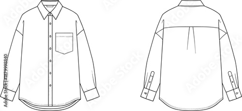 Technical fashion sketch of long-sleeve button-up shirt with collar, chest pocket, yoke, box pleat—front and back views.