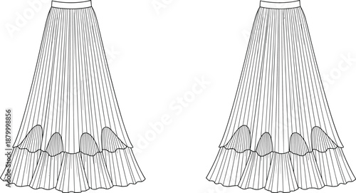 Technical fashion sketch of pleated skirts with ruffled hem, fitted waistband, and flared silhouette—front views for garment design reference.