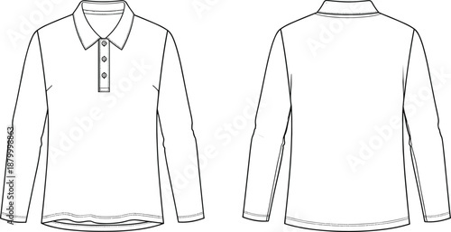 Technical fashion sketch of long-sleeve polo shirt with button placket, classic collar, and curved hem in front and back views.