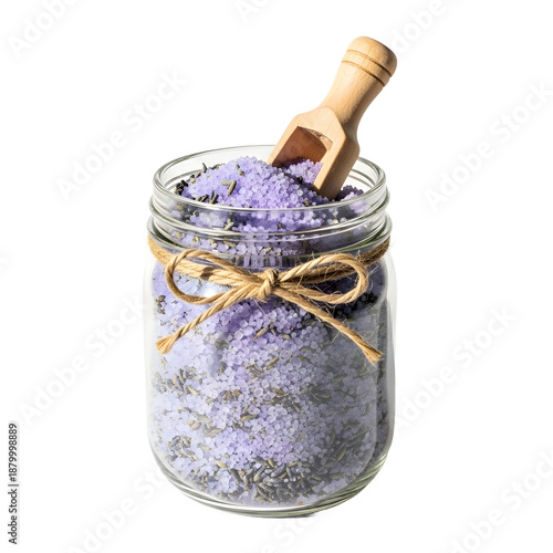 Natural Lavender Bath Salts in a Glass Jar with Wooden Scoop
