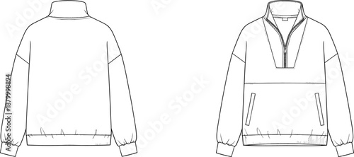 Technical fashion sketch of pullover jacket with half-zip collar, kangaroo pocket, seam details, long sleeves, and waistband