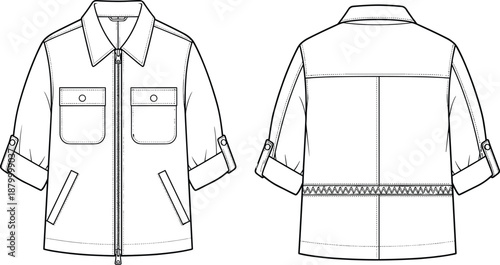 Technical fashion sketch of short-sleeve utility jacket with flap pockets, rolled sleeves, and zigzag stitch detail in front and back views.