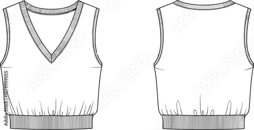 Technical fashion sketch of sleeveless knit vest with ribbed trim, V-neck front and round neck back views.