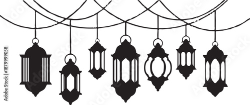 Decorative islamic lanterns hanging on a string