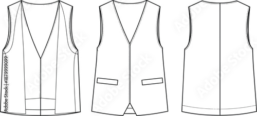 Technical fashion sketch of sleeveless tailored vest with deep V-neckline, welt pockets, clean back seam, front and back views.