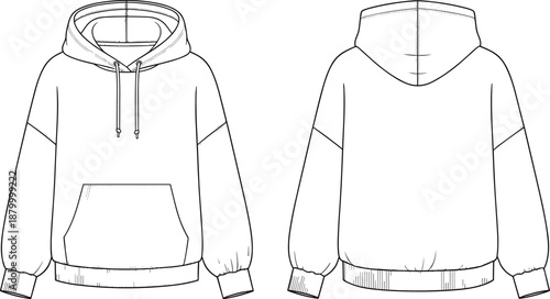 Technical fashion sketch of unisex hoodie with front and back views, showing kangaroo pocket, drawstring hood, ribbed cuffs and hem.