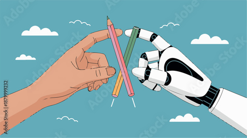 Human Hand and AI Robot Hand Symbolizing Creative Collaboration and Innovation in the Age of Artificial Intelligence and Technology Integration