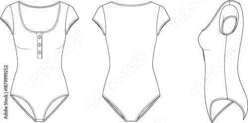 Technical fashion sketch of women’s bodysuit with scoop neckline, short sleeves, button placket, shaping seams, and side contour view