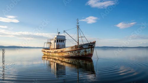 Abandoned Fishing Boat on Calm Lake at Sunrise