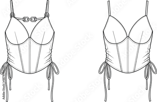 Technical fashion sketch of women’s corset-style top with chain detail and drawstring hem for garment design and construction