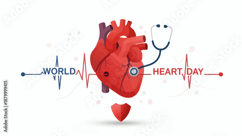 World Heart Day Celebration with Anatomical Heart and Stethoscope.