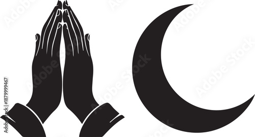 Black silhouette of praying hands next to a crescent moon