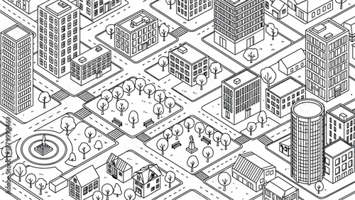 Isometric City Park With Streets, Trees, and Modern Buildings in an Urban Landscape