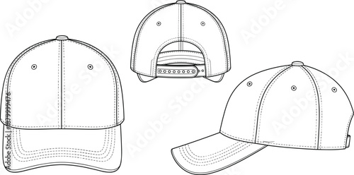 Technical sketch of baseball cap with six-panel crown, curved brim, ventilation eyelets, adjustable strap, front, side, back views