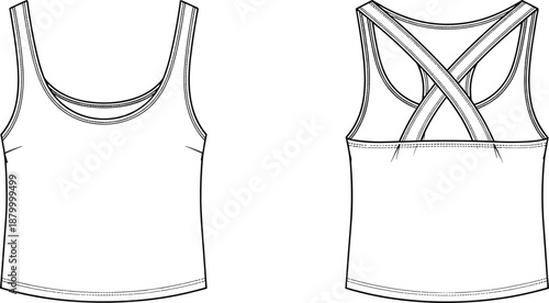 Technical sketch of sleeveless crop top with scoop neckline, fitted silhouette, and crisscross back straps—front and back views.