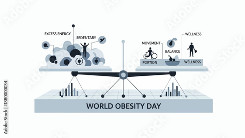 World Obesity Day Balance Scale Healthy Lifestyle vs Unhealthy Habits.
