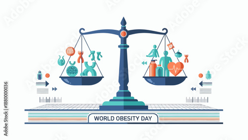 World Obesity Day Balance Scale Healthy Lifestyle vs Unhealthy Choices.