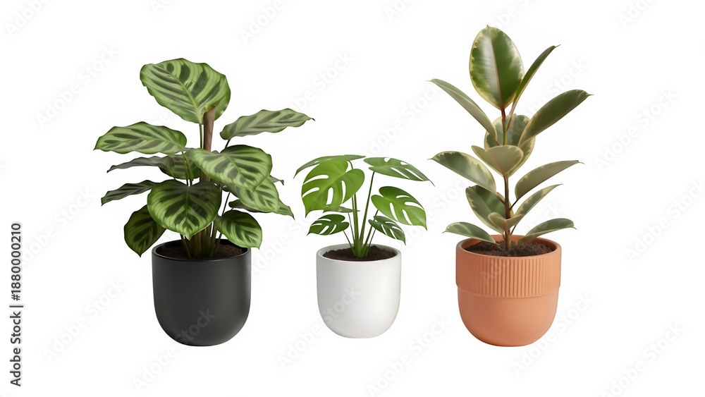 Obraz premium Collection of three vibrant tropical houseplants in modern ceramic pots, isolated on white or transparent background. PNG