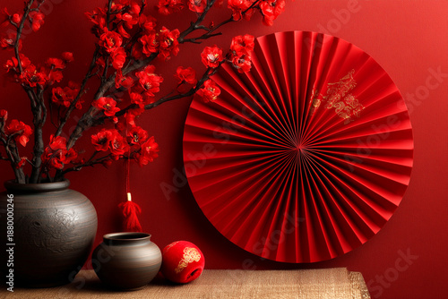 Red Paper Fans and Blossom Branches Asian Festive Decor